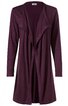 Offener Cardigan in dunklem Lila ohne Verschluss, lange Ärmel, Wasserfallkragen, leicht ausgestellte lange Passform