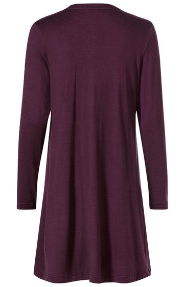 Damenkleid dunkellila einfarbig, langärmlig, Rundhalsausschnitt, locker fallend, knieumspielende Länge