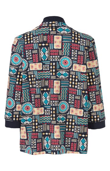 Shirtjacke mit geometrischem Muster in Blau, Beige, Schwarz, Türkis, Stehkragen, lange Ärmel, locker geschnitten