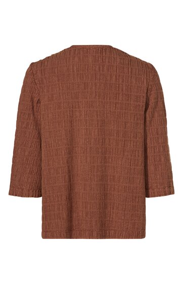 Braune Bluse mit Strukturmuster, Rundhalsausschnitt, 3/4-lange Ärmel, gerade geschnitten, Rückansicht