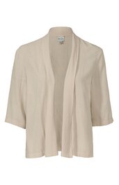 Hellbeige offene Strickjacke mit kurzen Ärmeln, ohne Verschluss, gerader Saum, weite Passform