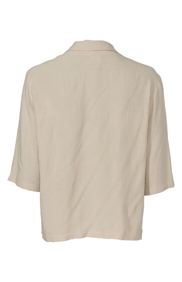 Beige Bluse ohne Muster, halblange Ärmel, mit Kragen, lockere Passform, Rückansicht