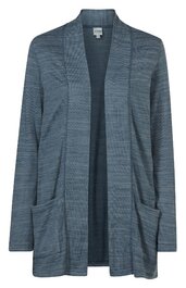 Offene Strickjacke in gedämpftem Blau, langärmlig, ohne Verschluss, mit zwei aufgesetzten Taschen vorne, gerade geschnitten, ohne Kragen
