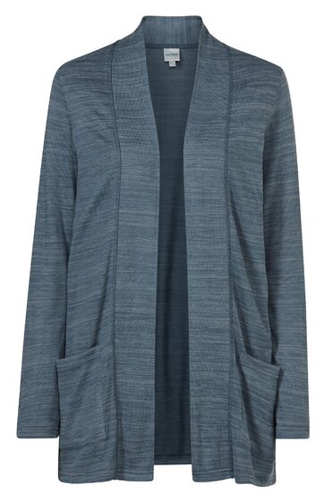 Offene Strickjacke in gedämpftem Blau, langärmlig, ohne Verschluss, mit zwei aufgesetzten Taschen vorne, gerade geschnitten, ohne Kragen