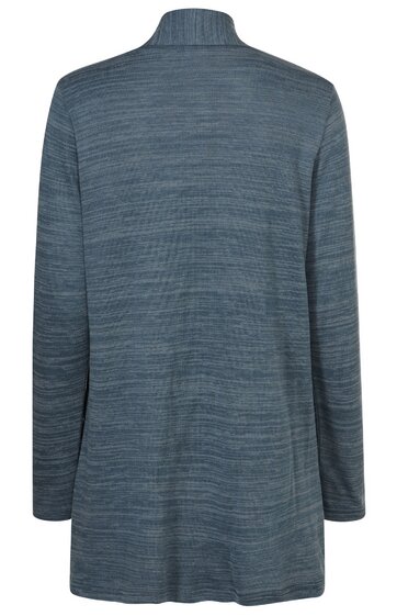 Langärmliger Pullover in meliertem blau, Stehkragen, gerade geschnitten, keine sichtbaren Verzierungen, Rückansicht