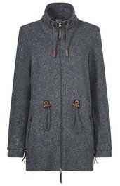 Dunkelgrauer Mantel mit Zwei-Wege-Reißverschluss, Stehkragen mit Kordelzug, Längliche Eingrifftaschen mit Knopfdetails, Lange Ärmel, gerade geschnitten