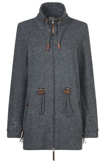 Dunkelgrauer Mantel mit Zwei-Wege-Reißverschluss, Stehkragen mit Kordelzug, Längliche Eingrifftaschen mit Knopfdetails, Lange Ärmel, gerade geschnitten