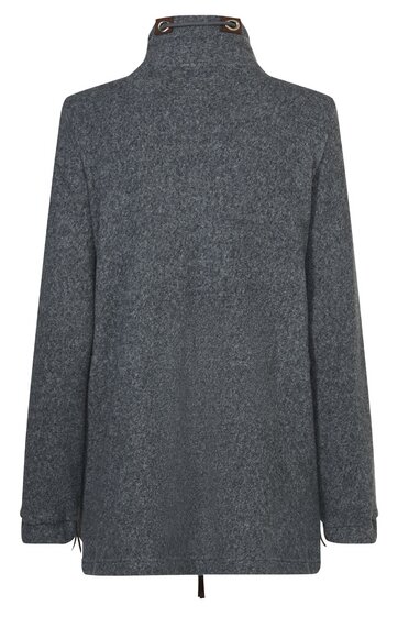 Dunkelgrauer Mantel ohne Muster, Stehkragen mit zwei braunen Druckknöpfen, lange Ärmel mit Riegeln und Druckknöpfen, gerade geschnitten, hinten mittellang, Kordelzug am unteren Saum