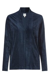 Dunkelblauer, langärmliger Blazer ohne Verschluss, Stehkragen, gerade geschnitten, fein strukturierter Stoff, ohne Muster