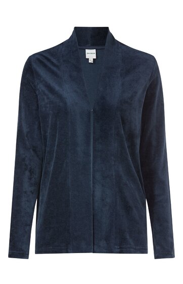 Dunkelblauer, langärmliger Blazer ohne Verschluss, Stehkragen, gerade geschnitten, fein strukturierter Stoff, ohne Muster