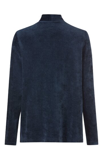 Dunkelblaues Langarmshirt, schlicht, mit Stehkragen, gerade geschnitten, Rückansicht
