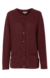 Dunkelrotes Strickjacke mit Rundhalsausschnitt, durchgehender Knopfleiste, zwei aufgesetzten Taschen vorne, lange Ärmel, gerade geschnitten
