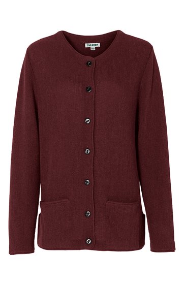 Dunkelrotes Strickjacke mit Rundhalsausschnitt, durchgehender Knopfleiste, zwei aufgesetzten Taschen vorne, lange Ärmel, gerade geschnitten