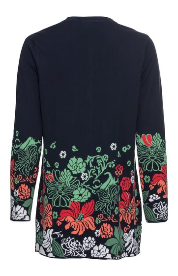 Langärmliges, dunkelblaues Damenoberteil, floral bedruckt in Grün, Rot, Weiß, Rundhalsausschnitt, gerade geschnitten, am Saum und an den Ärmeln mit Blumenmuster