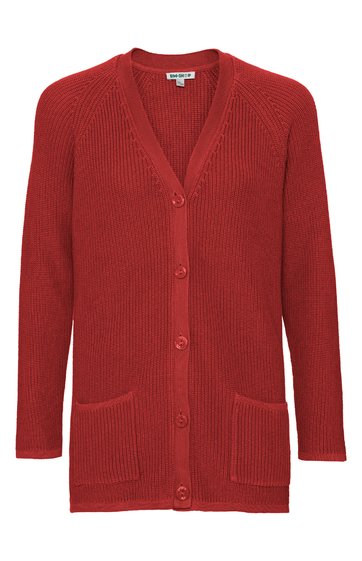 Rote Strickjacke mit durchgehender Knopfleiste, V-Ausschnitt, lange Ärmel, zwei aufgesetzte Taschen vorne, gerader Schnitt