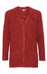 Rote Strickjacke mit durchgehender Knopfleiste, V-Ausschnitt, lange Ärmel, zwei aufgesetzte Taschen vorne, gerader Schnitt