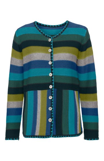 Gestreifte Strickjacke in Blau-, Grün- und Gelbtönen, rundhalsausschnitt, durchgehende Knopfleiste mit weißen Knöpfen, lange Ärmel, gerader Schnitt, kontrastierende Kanten in Dunkelblau