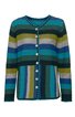 Gestreifte Strickjacke in Blau-, Grün- und Gelbtönen, rundhalsausschnitt, durchgehende Knopfleiste mit weißen Knöpfen, lange Ärmel, gerader Schnitt, kontrastierende Kanten in Dunkelblau