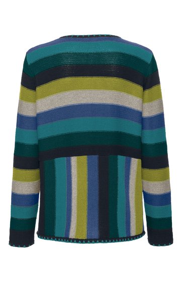 Gestreifter Pullover in Dunkelgrün, Hellgrün, Marineblau, Hellgrau und Blau, Rundhalsausschnitt, lange Ärmel, lockere Passform, Rückseite sichtbar