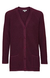 Dunkelrotes Strickjacke mit durchgehender Knopfleiste, V-Ausschnitt, lange Ärmel, zwei vorne aufgesetzte Taschen, gerade geschnitten