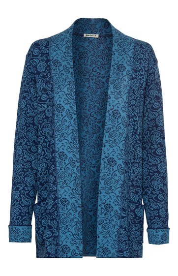 Offener Cardigan, dunkelblauer Grundton mit hellblauem floralen Muster, lange Ärmel mit Umschlag, schmale Revers, gerade Form ohne Verschluss