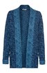 Offener Cardigan, dunkelblauer Grundton mit hellblauem floralen Muster, lange Ärmel mit Umschlag, schmale Revers, gerade Form ohne Verschluss