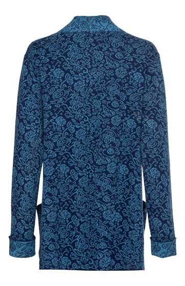Blauer Blazer mit floralen dunkelblauen und schwarzen Mustern, Reverskragen, lange Ärmel mit Manschetten, gerade geschnitten, hinten glatt ohne Nahtdetail