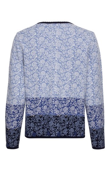 Pullover in Blautönen mit floraler Musterung, Rundhalsausschnitt, lange Ärmel, gerade Passform, Farbverlauf von Hellblau oben zu Dunkelblau unten, Rückansicht