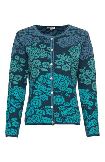 Dunkelblaue Strickjacke mit türkisfarbenem Blumenmuster, Rundhals, durchgehende Knopfleiste, lange Ärmel, gerade geschnitten