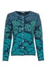 Dunkelblaue Strickjacke mit türkisfarbenem Blumenmuster, Rundhals, durchgehende Knopfleiste, lange Ärmel, gerade geschnitten