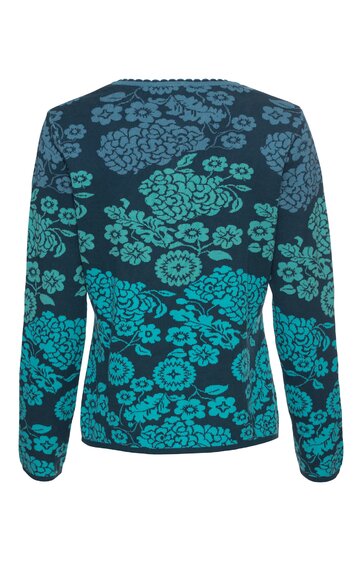 Langärmliges Shirt in Dunkelblau mit türkisfarbenem Blumenmuster, Rundhalsausschnitt, gerade geschnitten