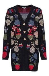 Schwarze Strickjacke mit buntem Blumenmuster in Rot, Blau, Beige und Grün, V-Ausschnitt, lange Ärmel, fünf beige Knöpfe, taillierte Form