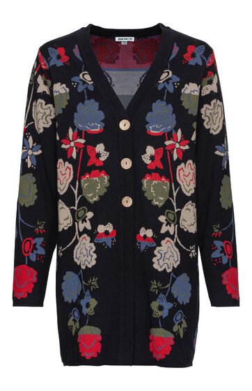 Schwarze Strickjacke mit buntem Blumenmuster in Rot, Blau, Beige und Grün, V-Ausschnitt, lange Ärmel, fünf beige Knöpfe, taillierte Form