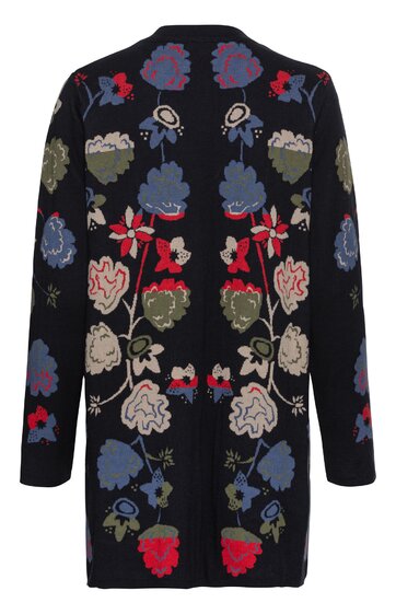 Schwarzer Strickmantel mit buntem Blumenmuster in Rot, Blau, Grün und Beige, lange Ärmel, offene Vorderseite, mittellang, gerade Form