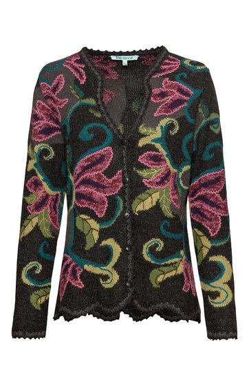 Schwarzes Langarmshirt mit großem floralen Muster in Pink, Grün und Blau, V-Ausschnitt, durchgehende Knopfleiste vorne, Abschluss mit gezacktem Rand