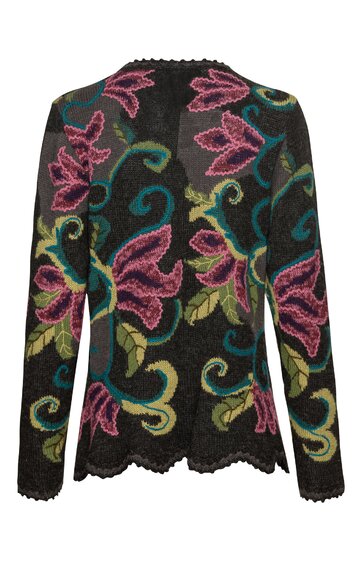 Schwarze Langarmjacke mit pinken Blumenmotiven und grünen Blättern, florales Muster, Rundhalsausschnitt, gerade geschnittener Saum mit leichtem Welleneffekt