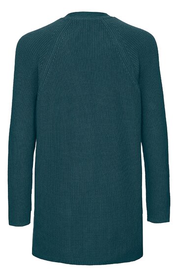 Langärmeliger Pullover in dunklem Petrol, ohne Muster, gerader Schnitt, Rundhalsausschnitt, hinten gezeigt