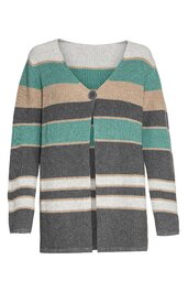 Strickjacke in Tönen von Grau, Türkis und Beige, horizontale breite Streifen, lange Ärmel, offener Schnitt mit einem großen Knopf am oberen Bereich