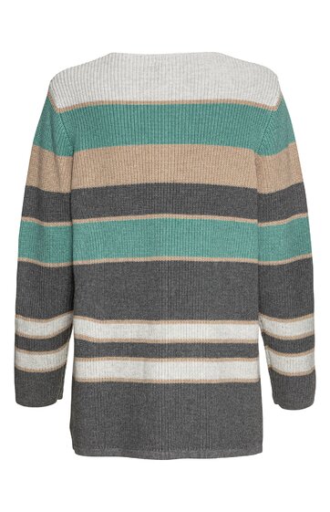 Langärmliger Pullover in Grau mit breiten horizontalen Streifen in Hellgrau, Beige, Türkis und Dunkelgrau, rundem Halsausschnitt, gerade geschnitten, Rückenansicht