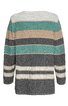 Langärmliger Pullover in Grau mit breiten horizontalen Streifen in Hellgrau, Beige, Türkis und Dunkelgrau, rundem Halsausschnitt, gerade geschnitten, Rückenansicht
