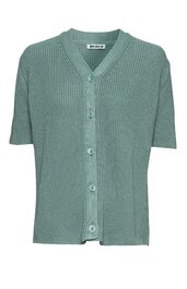 Kurzärmeliges Strickshirt in Salbeigrün, durchgehende Knopfleiste, V-Ausschnitt, gerade geschnitten, gerippte Struktur, Rundhalsausschnitt hinten