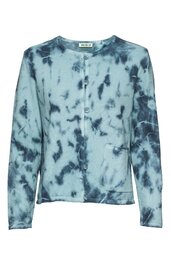 Langärmliges Oberteil in hellem Blau mit dunkler Batikmusterung, Rundhalsausschnitt, Knopfleiste vorne, gerade geschnitten