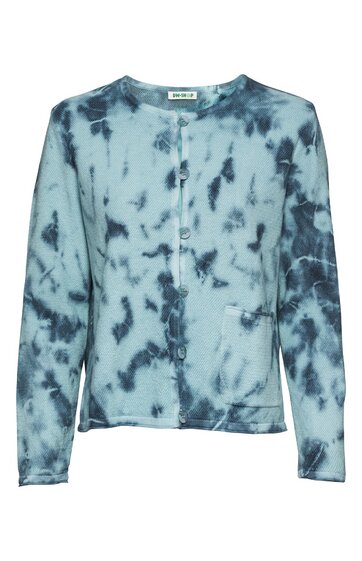 Langärmliges Oberteil in hellem Blau mit dunkler Batikmusterung, Rundhalsausschnitt, Knopfleiste vorne, gerade geschnitten