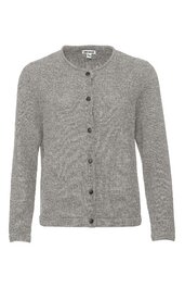 Hellgraue Strickjacke mit Rundhalsausschnitt, durchgehende Knopfleiste mit schwarzen Knöpfen, lange Ärmel, gerade geschnitten