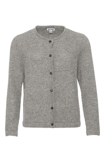 Hellgraue Strickjacke mit Rundhalsausschnitt, durchgehende Knopfleiste mit schwarzen Knöpfen, lange Ärmel, gerade geschnitten