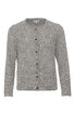 Hellgraue Strickjacke mit Rundhalsausschnitt, durchgehende Knopfleiste mit schwarzen Knöpfen, lange Ärmel, gerade geschnitten