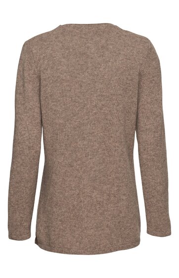 Langärmeliges Damenoberteil in meliertem Hellbraun, hinten dargestellt, runder Ausschnitt, gerade Passform, ohne sichtbare Verschlüsse