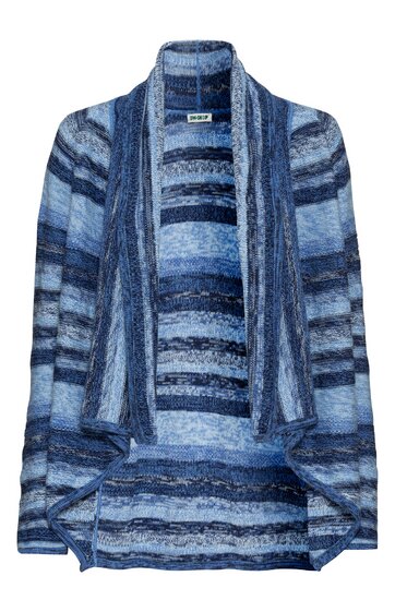 Strickjacke in Blautönen, gestreift mit variierenden Blauschattierungen, offener Schnitt mit breitem Schalkragen, asymmetrischer Saum, langärmelig