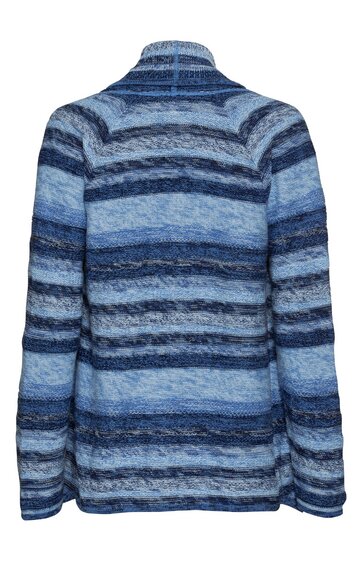 Langer Damenpullover in Blautönen, horizontal gestreift, Stehkragen, lange Ärmel, gerade geschnitten