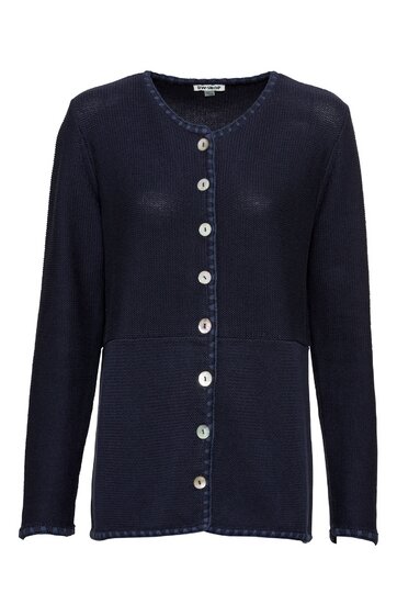 Marineblaue Damenstrickjacke, unifarben, rundhalsausschnitt mit feiner Bogenkante, lange Ärmel, durchgehende Knopfleiste mit weißen Knöpfen, gerade geschnitten